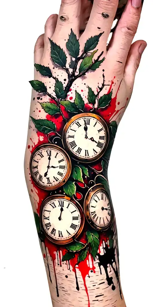 Birch Branches With Green Leaves With Only Three Clocks Integrated Into It For An Arm Sleeve