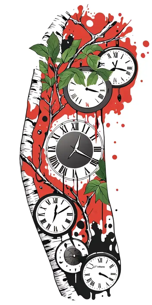Birch Branches With Green Leaves With Only Three Clocks Integrated Into It For An Arm Sleeve