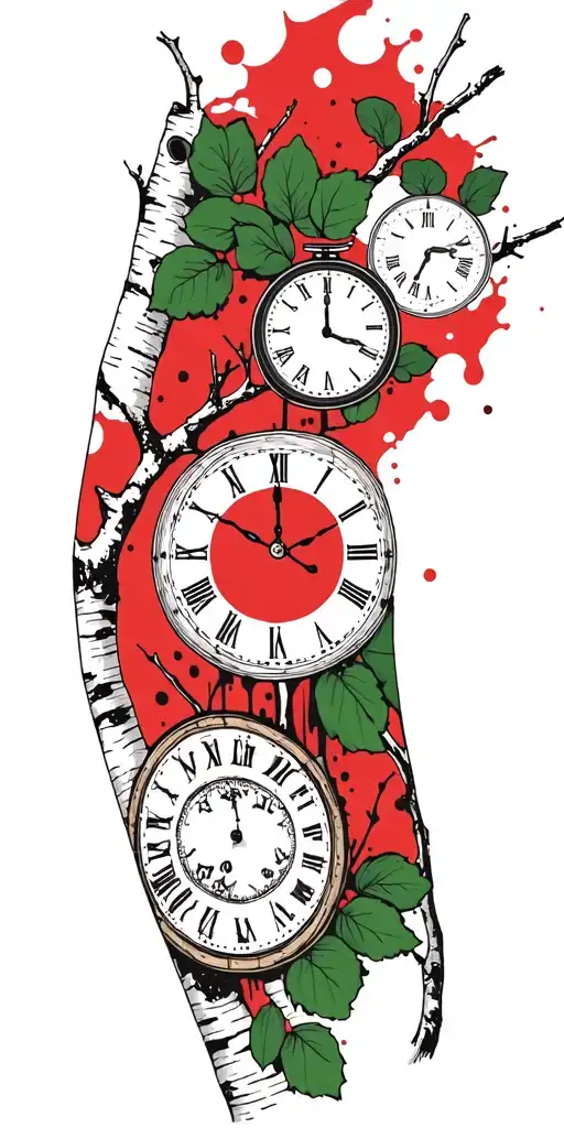 Birch Branches With Green Leaves With Only Three Clocks Integrated Into It For An Arm Sleeve