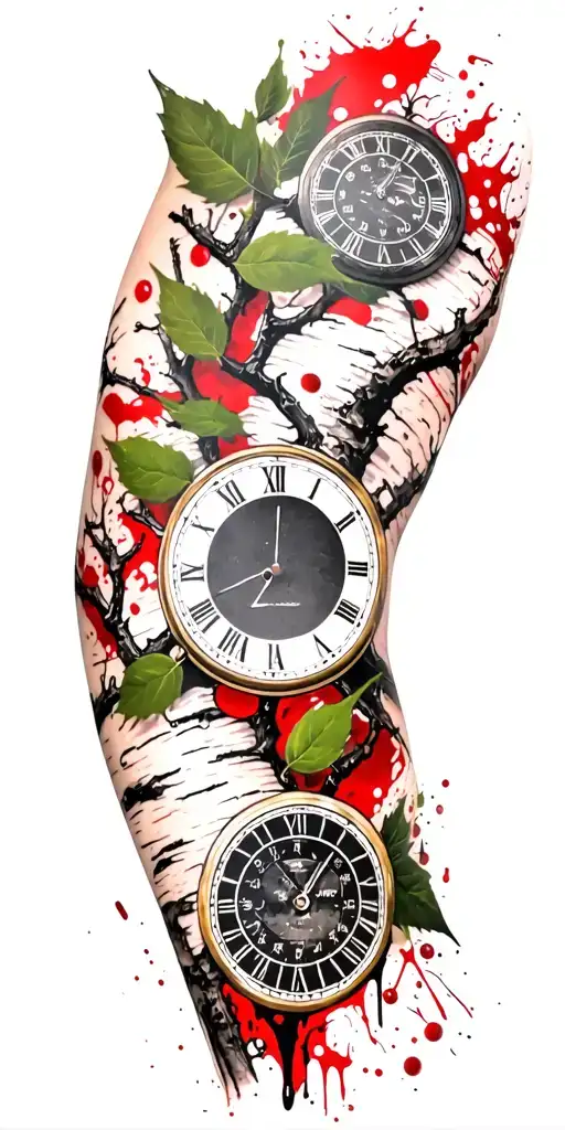 Birch Branches With Hunter Green Leaves With Only Three Clocks Integrated Into It For An Arm Sleeve