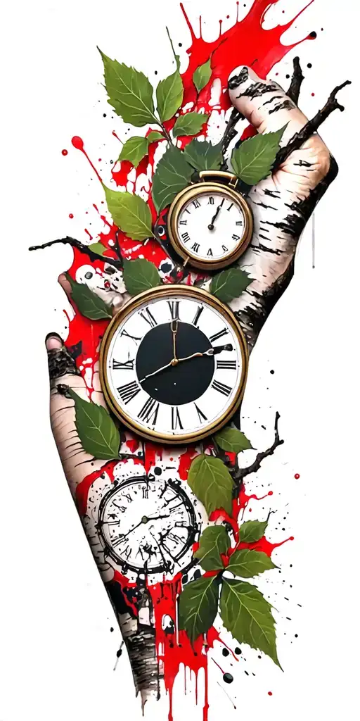 Birch Branches With Hunter Green Leaves With Only Three Clocks Integrated Into It For An Arm Sleeve