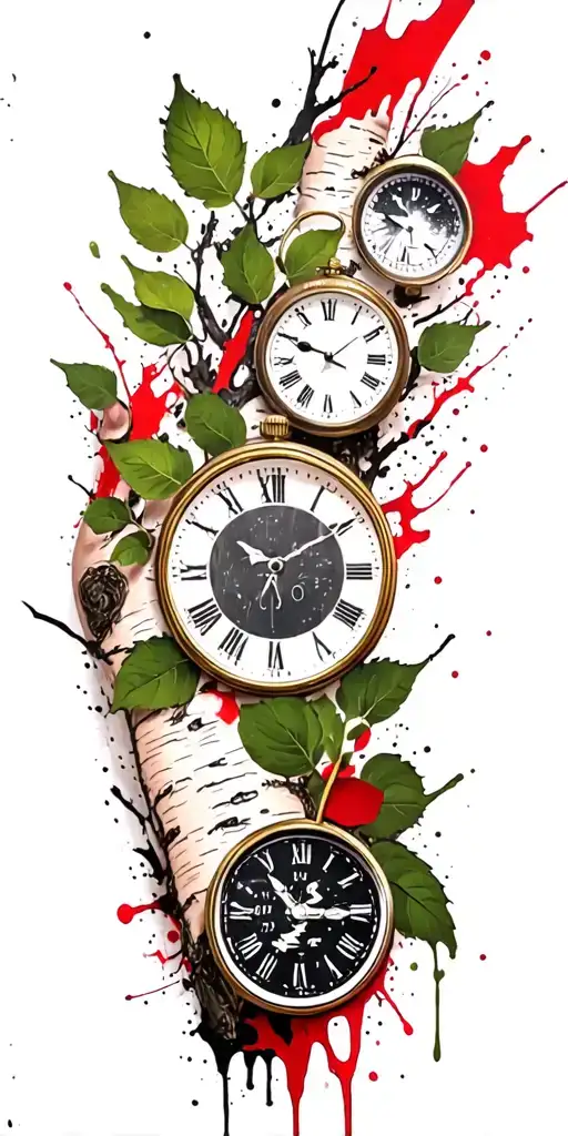 Birch Branches With Hunter Green Leaves With Only Three Clocks Integrated Into It For An Arm Sleeve