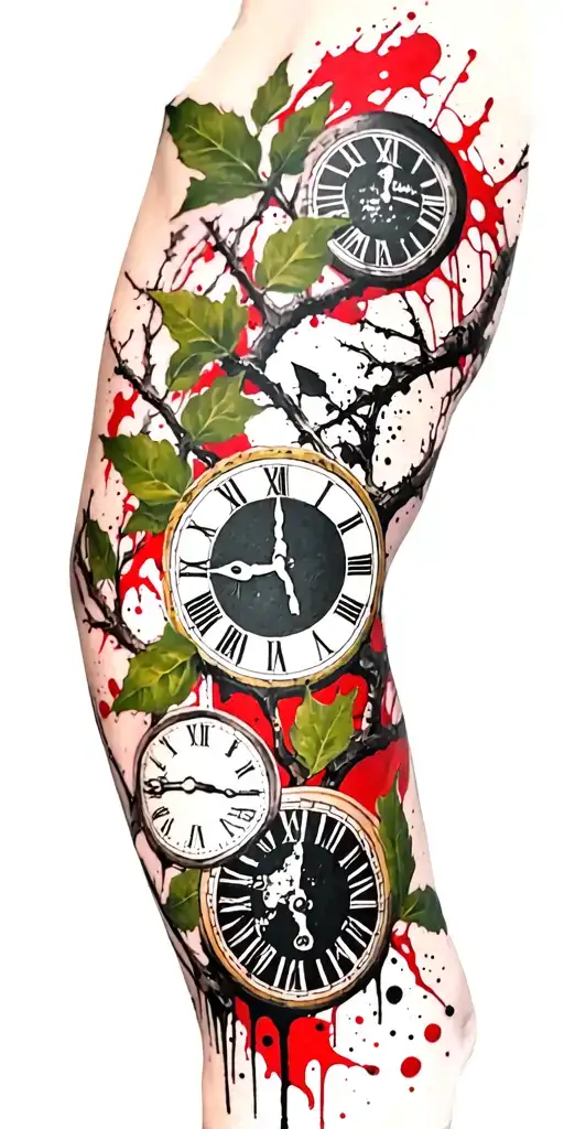 Birch Branches With Hunter Green Leaves With Only Three Clocks Integrated Into It For An Arm Sleeve