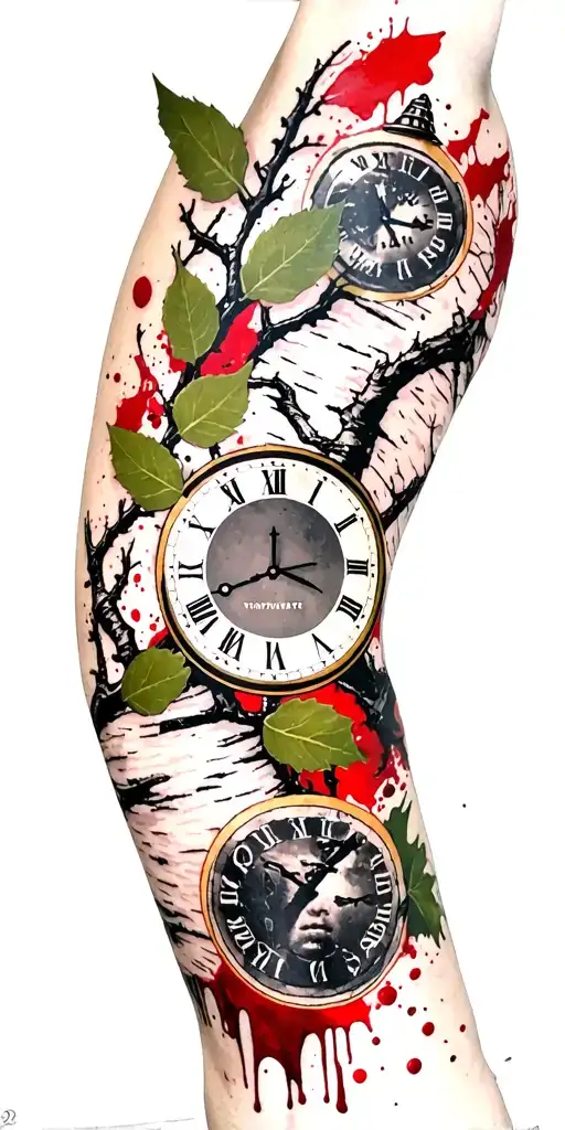 Birch Branches With Hunter Green Leaves With Only Three Clocks Integrated Into It For An Arm Sleeve