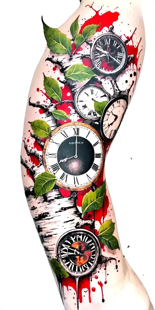 Birch Branches With Hunter Green Leaves With Only Three Clocks Integrated Into It For An Arm Sleeve