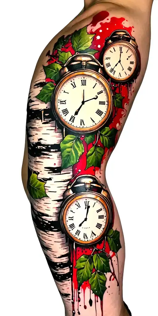 Birch Branches With Hunter Green Leaves With Only Three Clocks Integrated Into It For An Arm Sleeve