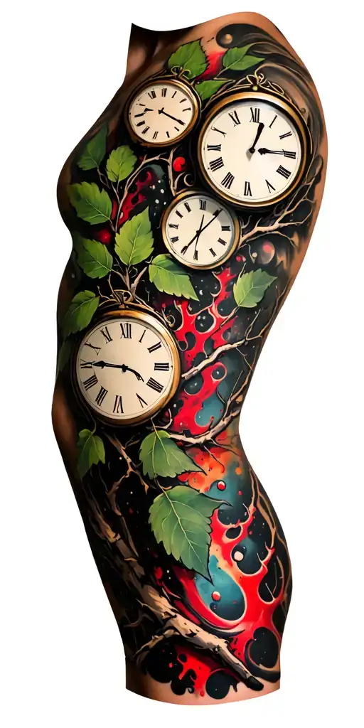 Birch Branches With Hunter Green Leaves With Only Three Clocks Integrated Into It For An Arm Sleeve
