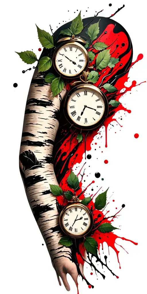 Birch Branches With Hunter Green Leaves With Only Three Clocks Integrated Into It For An Arm Sleeve