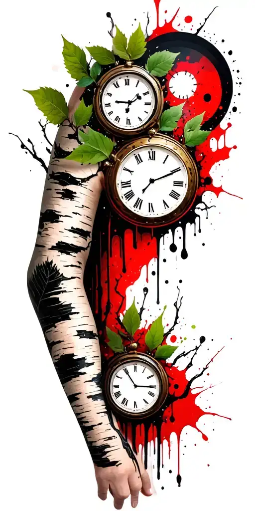 Birch Branches With Hunter Green Leaves With Only Three Clocks Integrated Into It For An Arm Sleeve