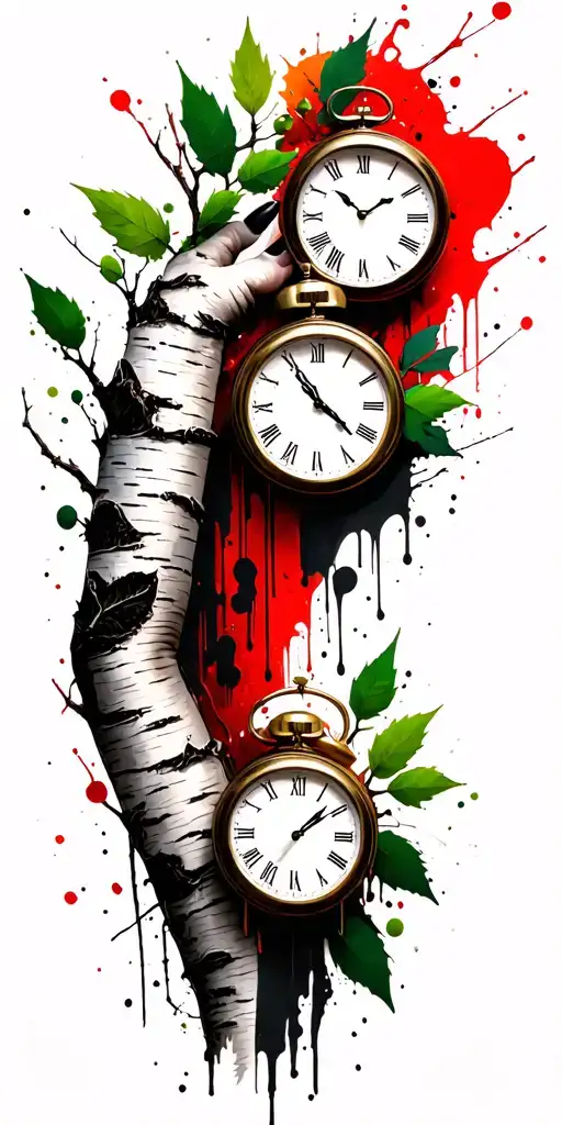 Birch Branches With Hunter Green Leaves With Only Three Clocks Integrated Into It For An Arm Sleeve