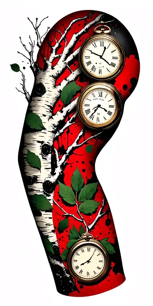 Birch Branches With Hunter Green Leaves With Only Three Clocks Integrated Into It For An Arm Sleeve