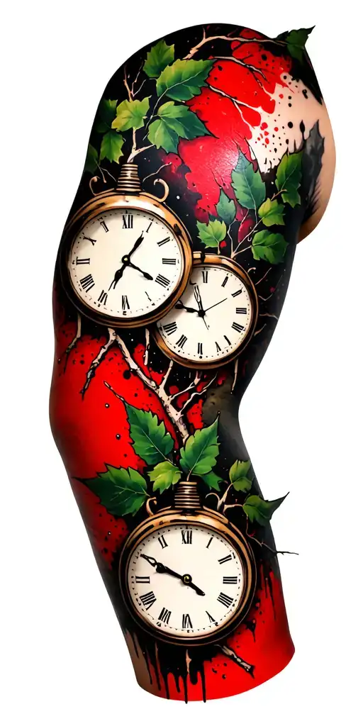 Birch Branches With Hunter Green Leaves With Only Three Clocks Integrated Into It For An Arm Sleeve