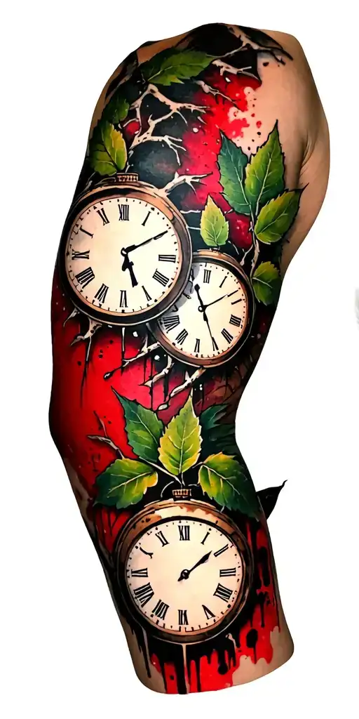 Birch Branches With Hunter Green Leaves With Only Three Clocks Integrated Into It For An Arm Sleeve