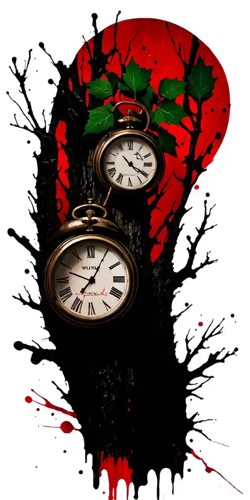 Birch Branches And Trunk With Hunter Green Leaves With Only Three Clocks Integrated Into It