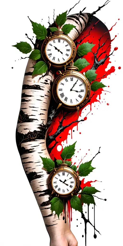 Birch Branches With Hunter Green Leaves With Only Three Clocks Integrated Into It For An Arm Sleeve