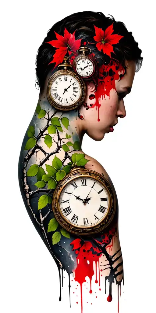 Birch Branches With Hunter Green Leaves With Only Three Clocks Integrated Into It For An Arm Sleeve