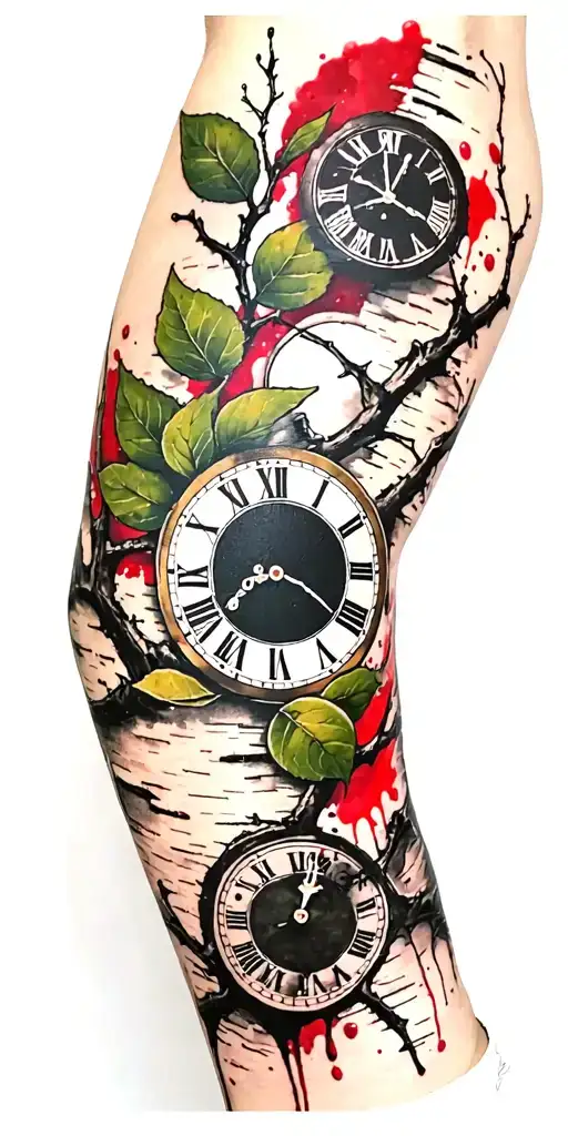 Birch Branches With Hunter Green Leaves With Only Three Clocks Integrated Into It For An Arm Sleeve