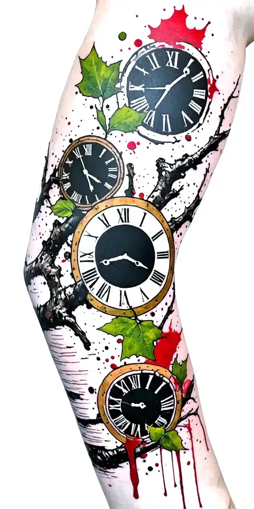 Birch Branches With Hunter Green Leaves With Only Three Clocks Integrated Into It For An Arm Sleeve