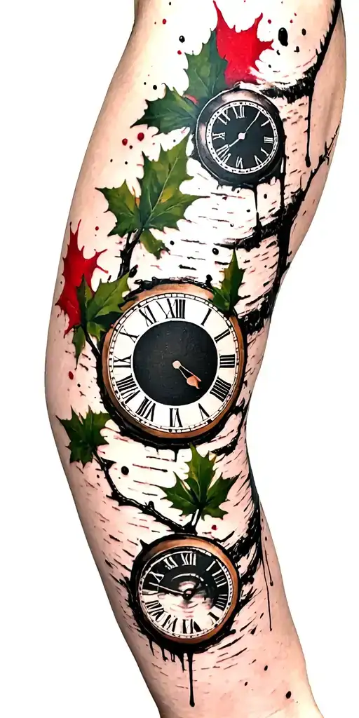 Birch Branches With Hunter Green Leaves With Only Three Clocks Integrated Into It For An Arm Sleeve