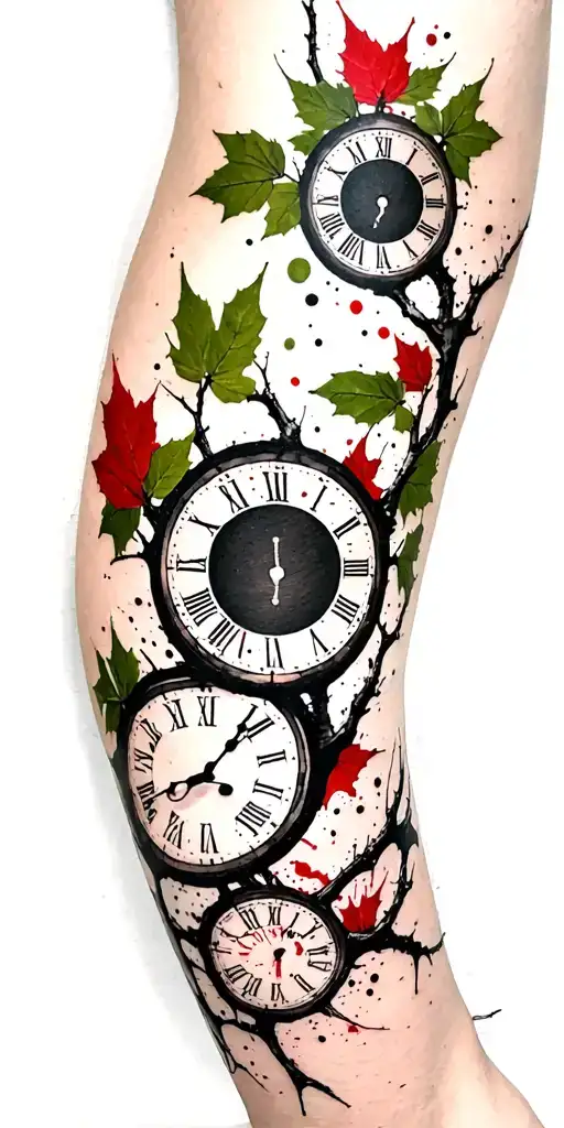 Birch Branches With Hunter Green Leaves With Only Three Clocks Integrated Into It For An Arm Sleeve