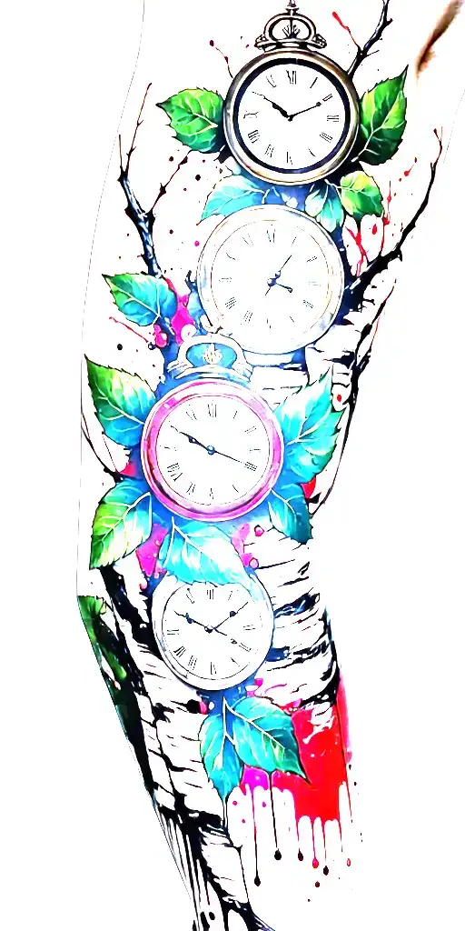 Birch Branches With Hunter Green Leaves With Only Three Clocks Integrated Into It For An Arm Sleeve