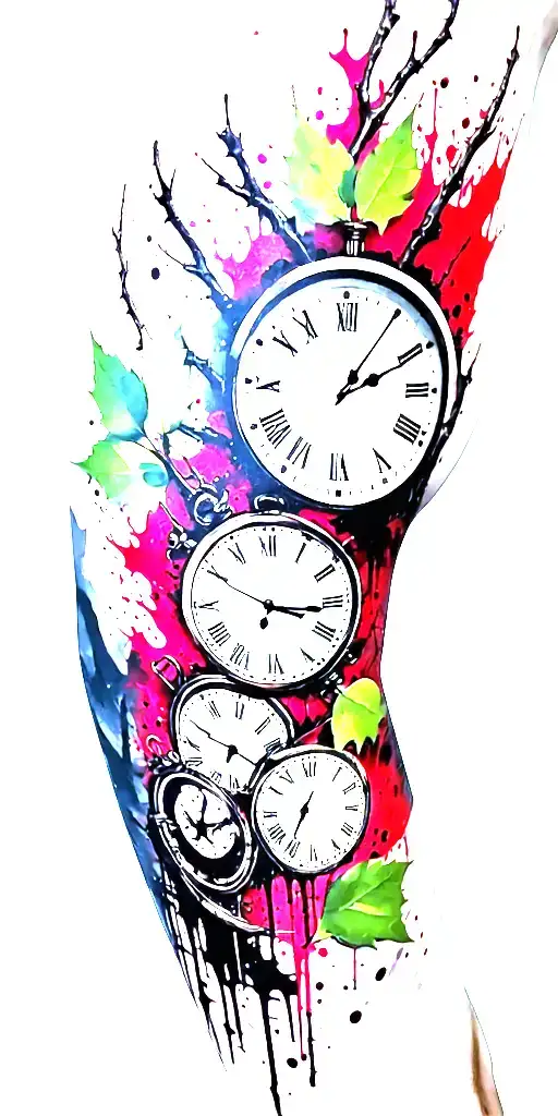 Birch Branches With Hunter Green Leaves With Only Three Clocks Integrated Into It For An Arm Sleeve