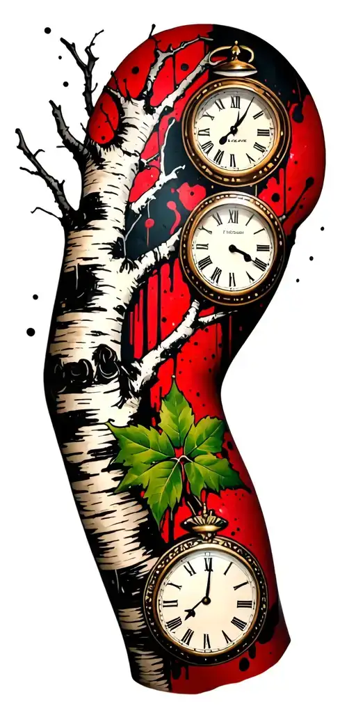 Birch Branches With Hunter Green Leaves With Only Three Clocks Integrated Into It For An Arm Sleeve