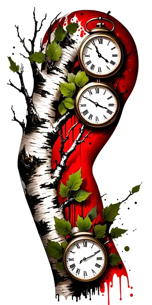 Birch Branches With Hunter Green Leaves With Only Three Clocks Integrated Into It For An Arm Sleeve