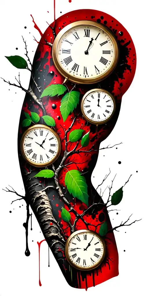 Birch Branches With Hunter Green Leaves With Only Three Clocks Integrated Into It For An Arm Sleeve