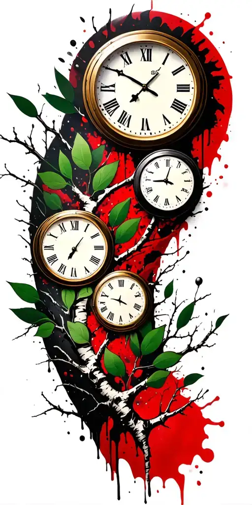 Birch Branches With Hunter Green Leaves With Only Three Clocks Integrated Into It For An Arm Sleeve
