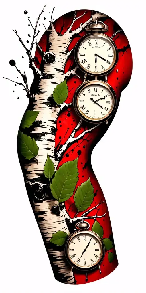 Birch Branches With Hunter Green Leaves With Only Three Clocks Integrated Into It For An Arm Sleeve