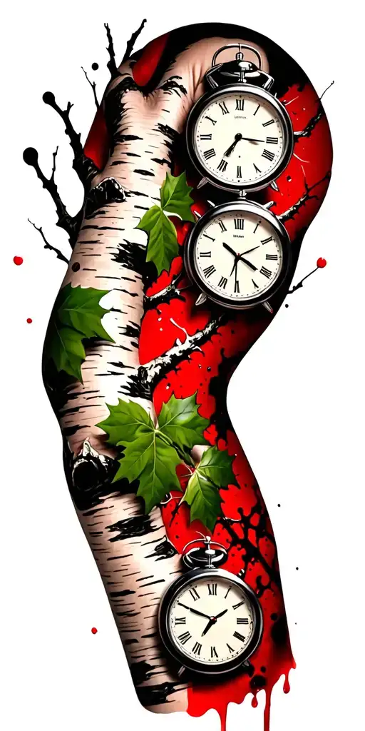 Birch Branches With Hunter Green Leaves With Only Three Clocks Integrated Into It For An Arm Sleeve