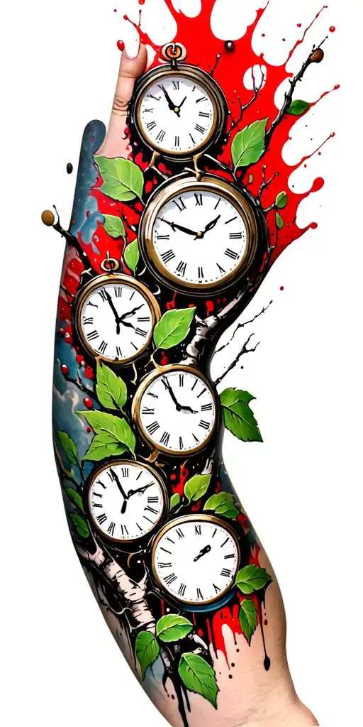 Birch Branches With Green Leaves With Only Three Clocks Integrated Into It For An Arm Sleeve