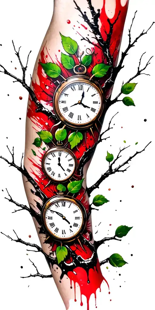 Birch Branches With Green Leaves With Only Three Clocks Integrated Into It For An Arm Sleeve