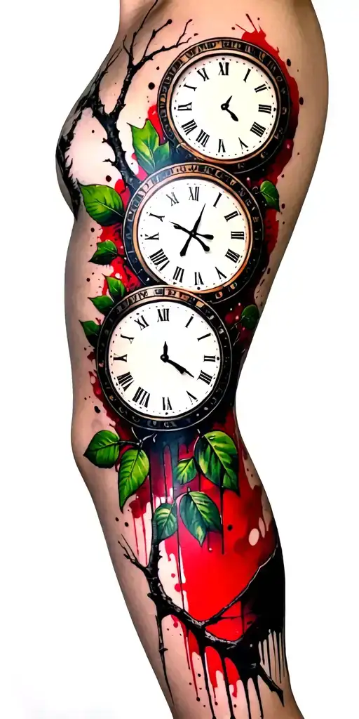Birch Branches With Green Leaves With Only Three Clocks Integrated Into It For An Arm Sleeve