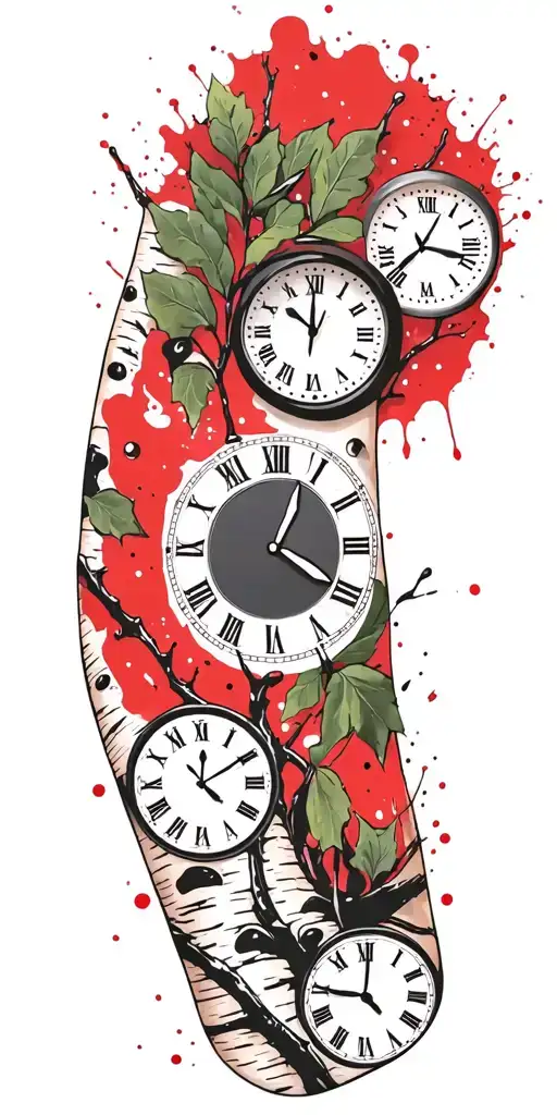 Birch Branches With Green Leaves With Only Three Clocks Integrated Into It For An Arm Sleeve