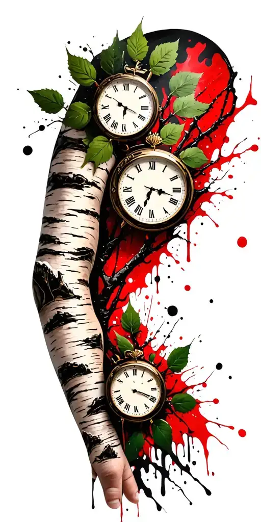 Birch Branches With Hunter Green Leaves With Only Three Clocks Integrated Into It For An Arm Sleeve