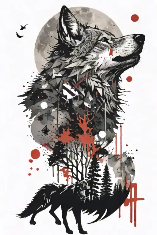 A Wolf Howling At A Full Moon While Surrounded By A Forest Landscape