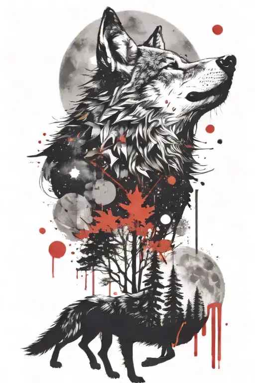 A Wolf Howling At A Full Moon While Surrounded By A Forest Landscape