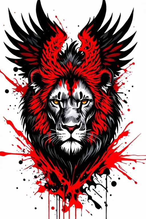 Front Wiev Of Lion Head And Phoenix Wings On The Sides