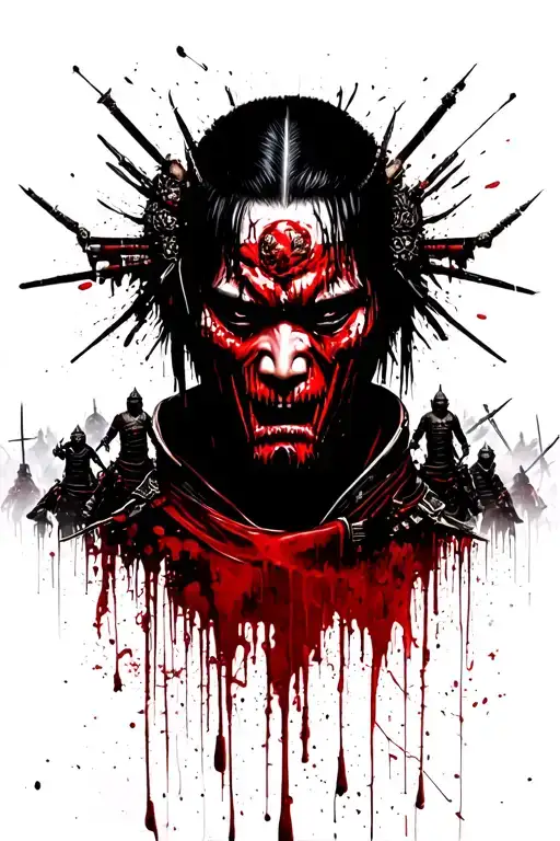 Samurai Rotting Face Blood Dripping In To A Battlefield Of Samurai Warriors Silhouettes