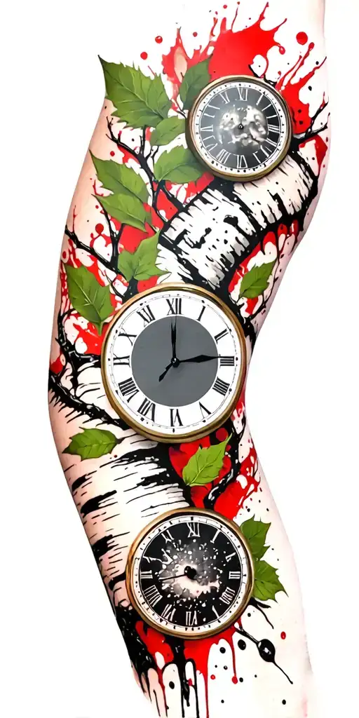 Birch Branches With Hunter Green Leaves With Only Three Clocks Integrated Into It For An Arm Sleeve