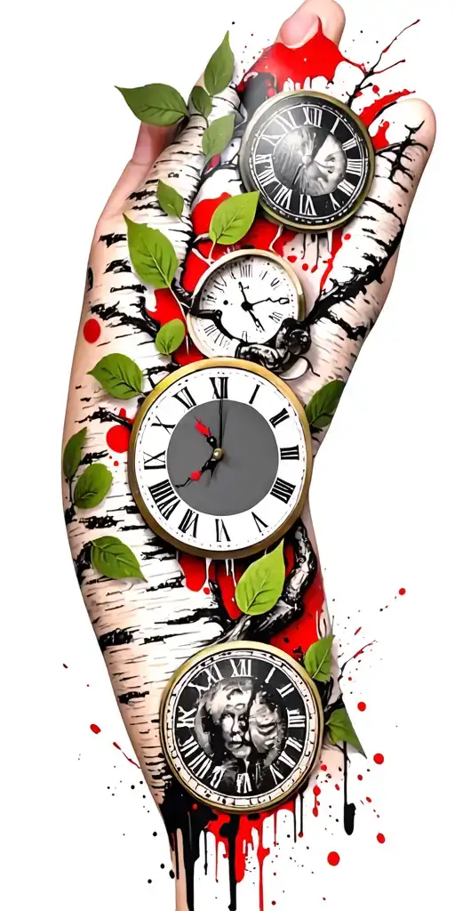 Birch Branches With Hunter Green Leaves With Only Three Clocks Integrated Into It For An Arm Sleeve