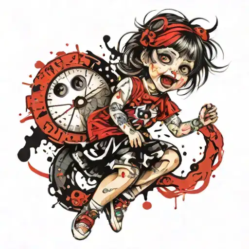 A Playful Tattoo Design Of A Little Girl With Big Eyes Laughing