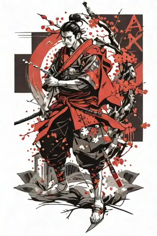 A Samurai Stands Against The Background Of A Sakura Tree Behind His Back