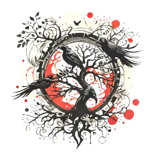 Sacred World Tree With Ravens Scandinavian Mythology In Yggdrasil Style