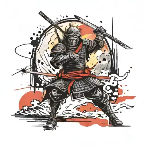 Samurai In Armor With A Katana At Sunset