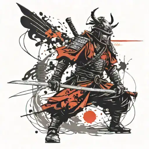 Samurai In Armor With Katana In Profile At Sunset