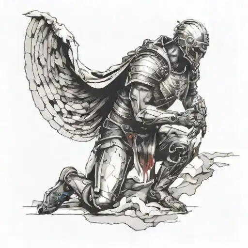 Kneeling Man Being Protected By Armor Of God Surrounded By Dark Ominous Clouds