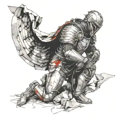 Kneeling Man In Armor Blocking Dark Ominous Clouds Surrounding Him